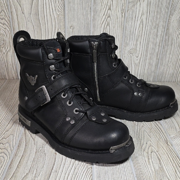 Harley-Davidson Brake Buckle Black Leather Motorcycle Boots Mens Size 10.5